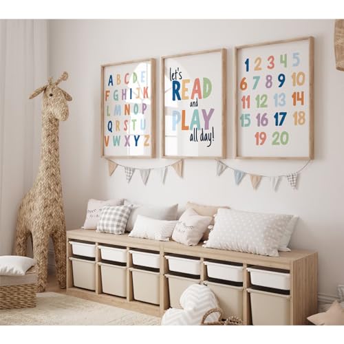 Pennclys Kids Playroom Wall Art Decor Alphabet Poster Play Room Canvas Wall Decor ABC Nursery Wall Art 123 Toddler Poster Lets Read for Boy Girl Room 16x24 Inch Unframed Set of 3 - Image 1