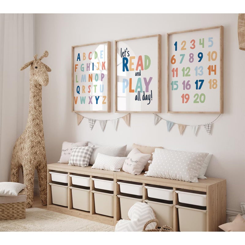 Pennclys Kids Playroom Wall Art Decor Alphabet Poster Play Room Canvas Wall Decor ABC Nursery Wall Art 123 Toddler Poster Lets Read for Boy Girl Room 16x24 Inch Unframed Set of 3 - Image 2