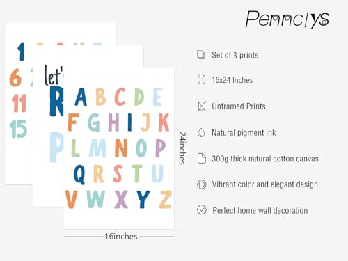 Pennclys Kids Playroom Wall Art Decor Alphabet Poster Play Room Canvas Wall Decor ABC Nursery Wall Art 123 Toddler Poster Lets Read for Boy Girl Room 16x24 Inch Unframed Set of 3 - Image 3