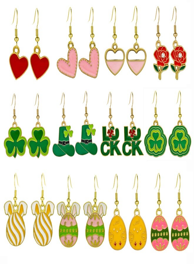 ZMANYIJEW 12 Pairs Valentines Day Earrings St Patricks Day Easter Earrings Set for Women Cute Clover Hat Egg Bunny Heart Drop Dangle Earrings Jewelry Set Holiday Gifts,Metal Enamel Holiday Earrings for Women - Image 1