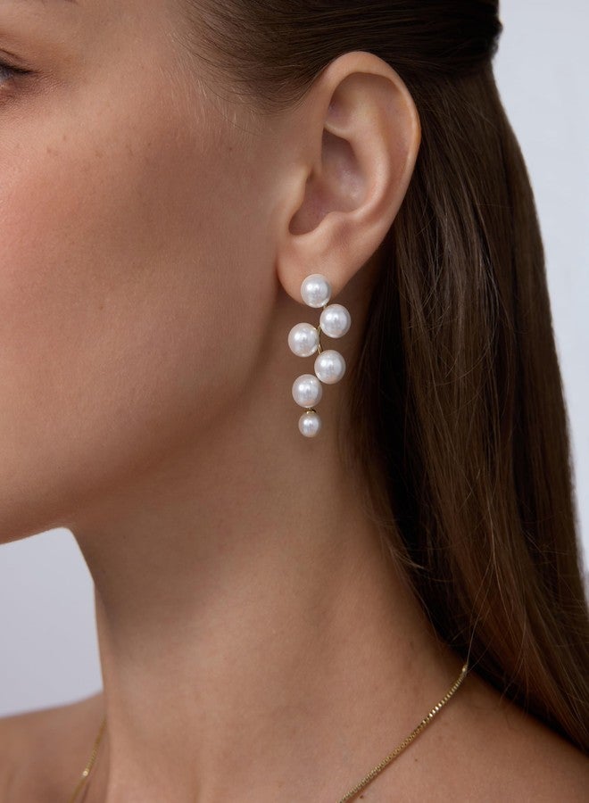 بافوا أقراط بافوي مطلية بالذهب الأصفر عيار 14 قيراطًا مرصعة باللؤلؤ للنساء - أقراط زفاف كبيرة متدلية من اللؤلؤ مصنوعة من الفضة الإسترليني عيار 925 للعرائس ووصيفاتهن - هدية مجوهرات زفاف أنيقة - Image 2