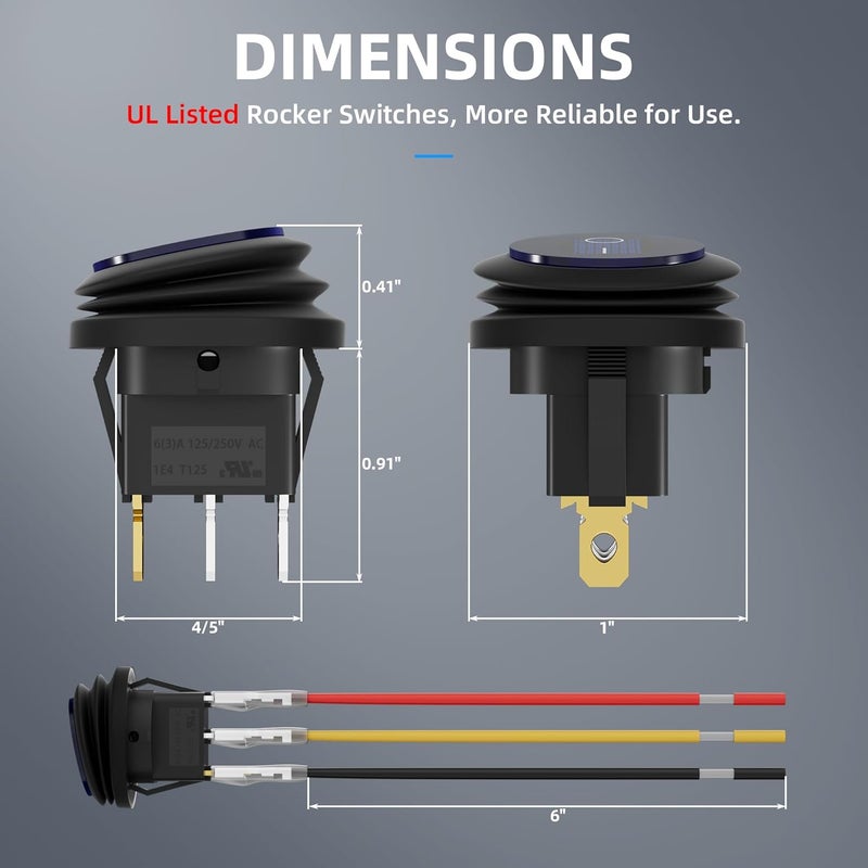 DAIERTEK 12V Waterproof Round Rocker Switch Blue LED Lighted [UL Listed] ON Off 3 Pin 12 Volt 20A Weatherproof Illuminated Toggle for Marine Car RV Truck -5Pack - Image 2