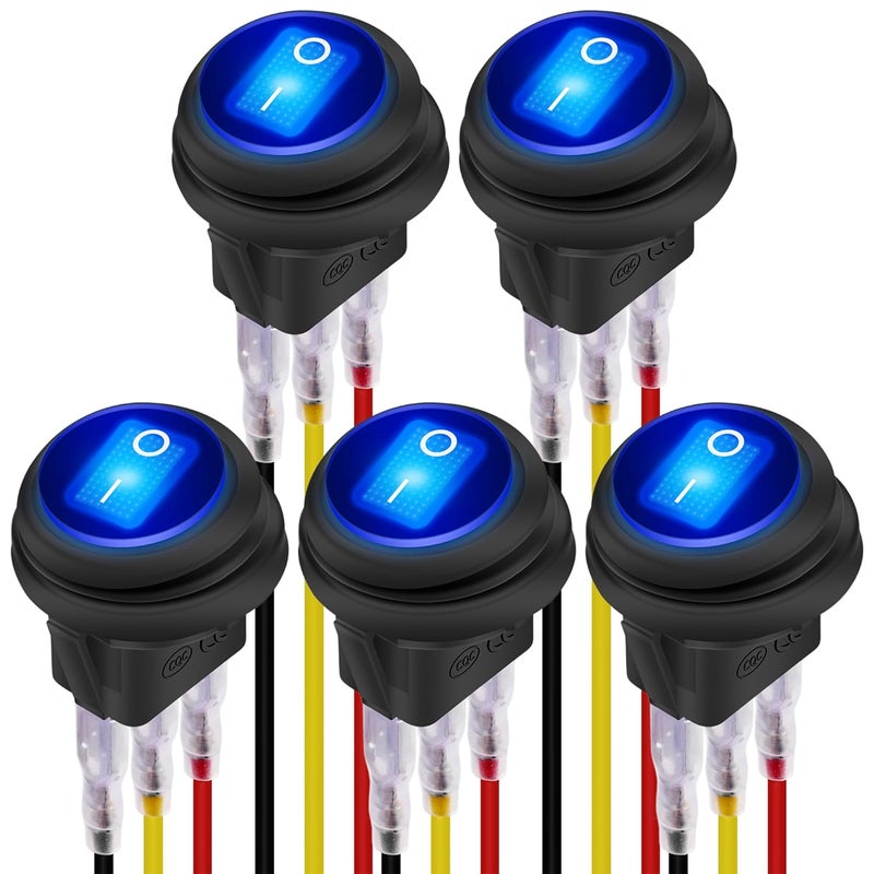 DAIERTEK 12V Waterproof Round Rocker Switch Blue LED Lighted [UL Listed] ON Off 3 Pin 12 Volt 20A Weatherproof Illuminated Toggle for Marine Car RV Truck -5Pack - Image 1