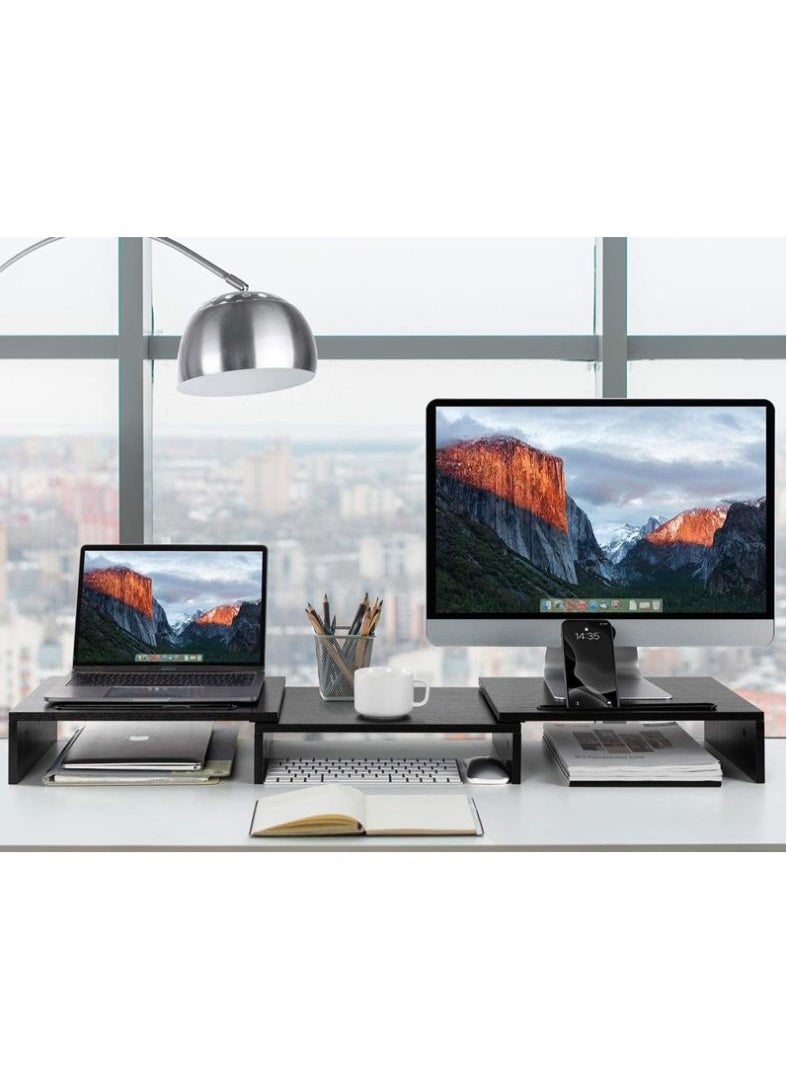 HSEAMALL حامل شاشة مزدوجة مع حامل قابل لتعديل الارتفاع، ويتميز بثلاثة أرفف قابلة للتعديل. هذا المنظم المكتبي الطويل للغاية والمتعدد الوظائف يتسع للشاشات وأجهزة الكمبيوتر المحمولة وأجهزة الكمبيوتر المكتبية وأجهزة PS5. حل تخزين مكتبي مصمم هندسيًا – متوفر باللون الأسود. - Image 4