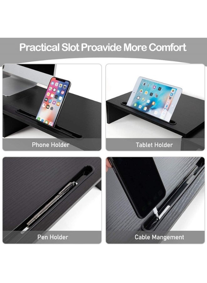 HSEAMALL حامل شاشة مزدوجة مع حامل قابل لتعديل الارتفاع، ويتميز بثلاثة أرفف قابلة للتعديل. هذا المنظم المكتبي الطويل للغاية والمتعدد الوظائف يتسع للشاشات وأجهزة الكمبيوتر المحمولة وأجهزة الكمبيوتر المكتبية وأجهزة PS5. حل تخزين مكتبي مصمم هندسيًا – متوفر باللون الأسود. - Image 2