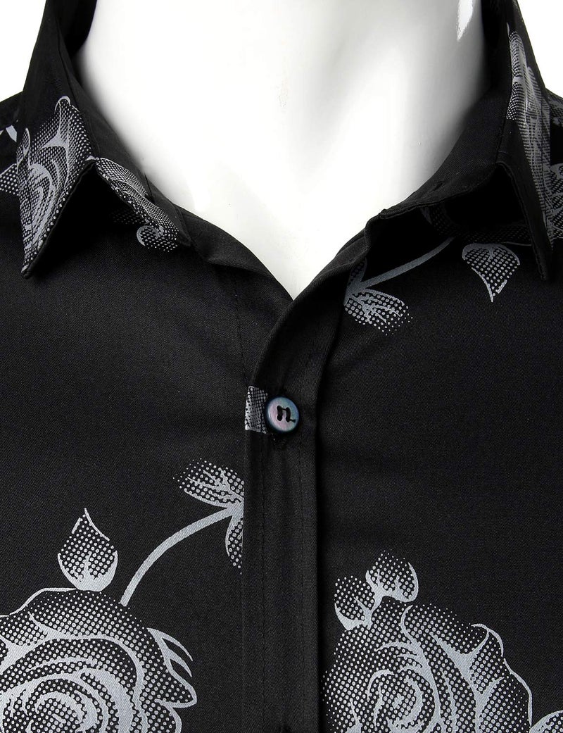ZEROYAA Mens Hipster 3D White Rose Floral Printed Slim Fit Long Sleeve Button Down Dress Shirts ZZCL22 Black White Large - Image 4