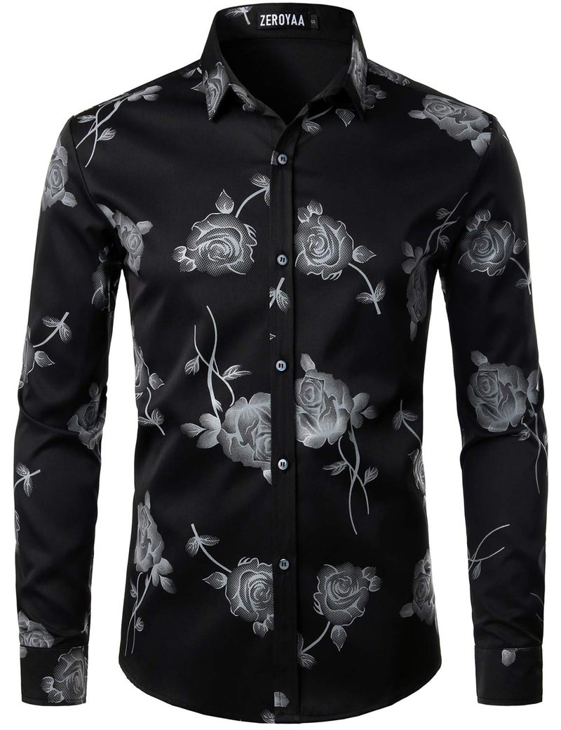 ZEROYAA Mens Hipster 3D White Rose Floral Printed Slim Fit Long Sleeve Button Down Dress Shirts ZZCL22 Black White Large - Image 1
