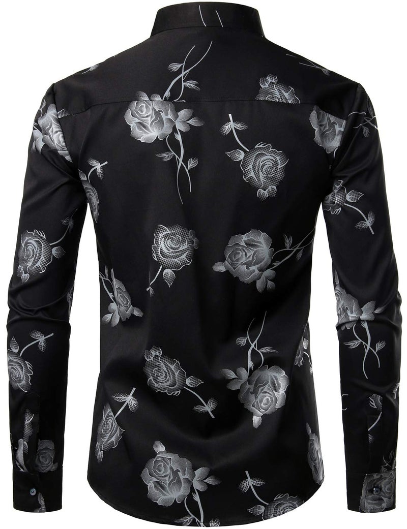 ZEROYAA Mens Hipster 3D White Rose Floral Printed Slim Fit Long Sleeve Button Down Dress Shirts ZZCL22 Black White Large - Image 3