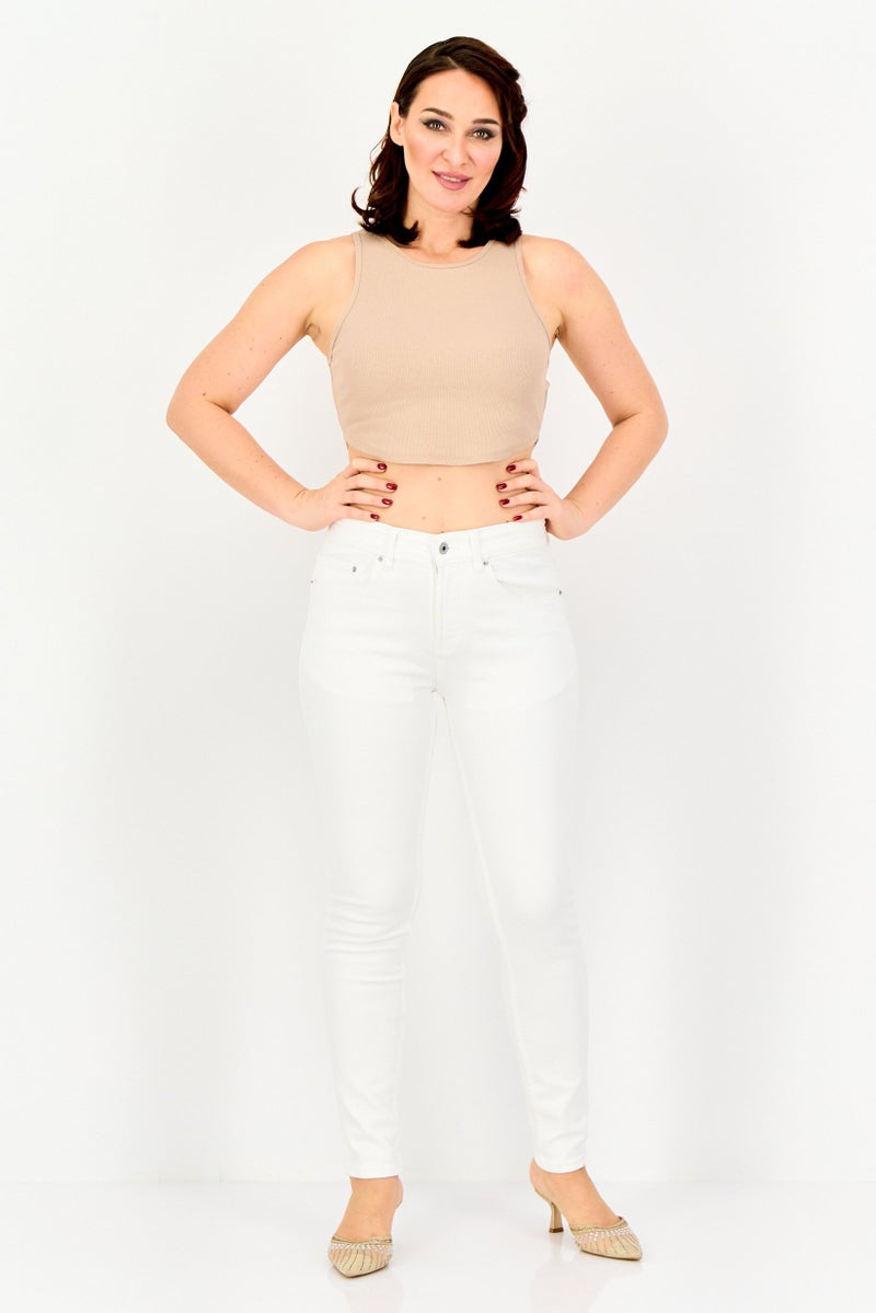 Sinsay Women Round Neck Sleeveless Ribbed Crop Top, Light Brown - Image 4