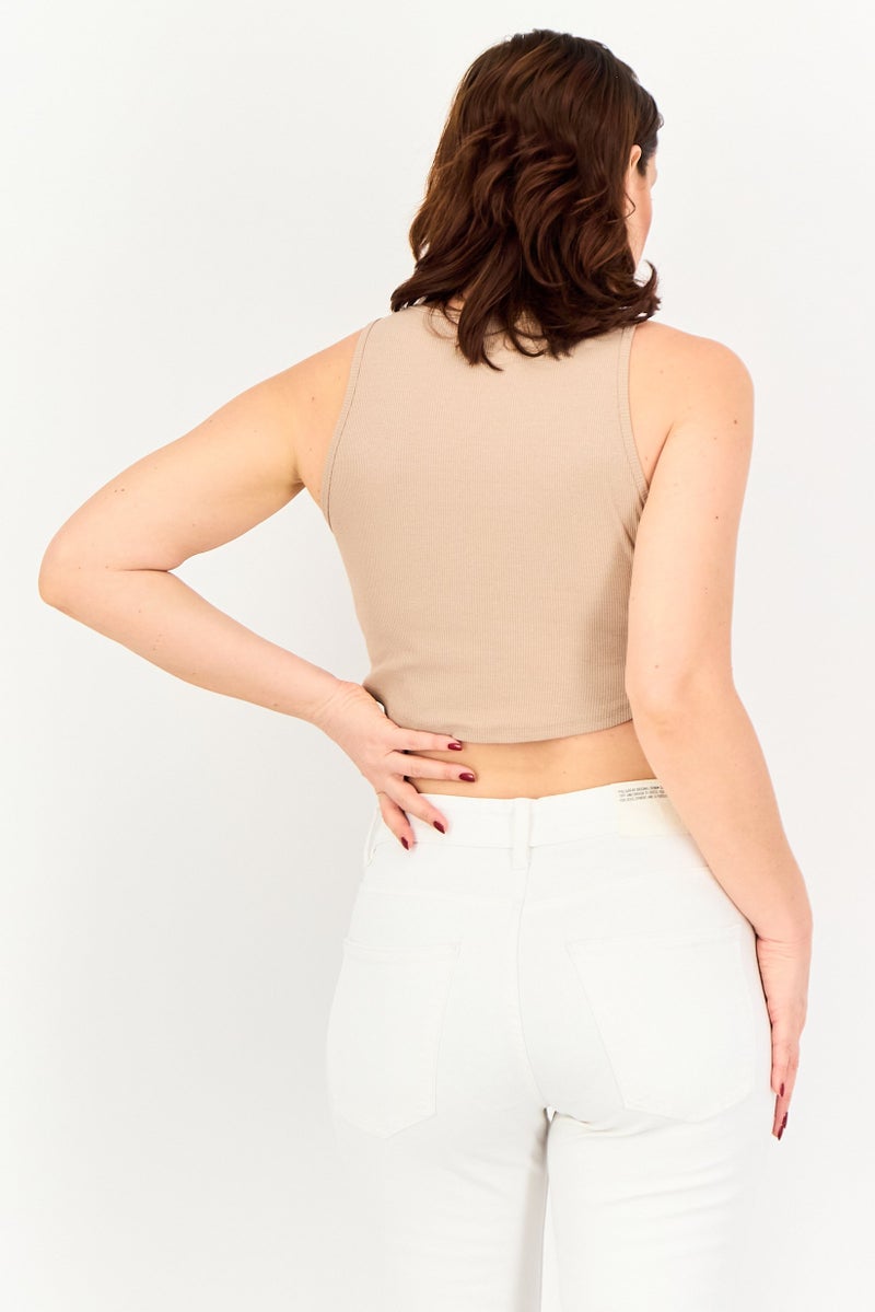 Sinsay Women Round Neck Sleeveless Ribbed Crop Top, Light Brown - Image 2