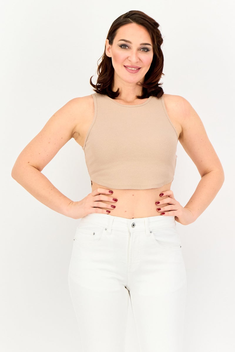 Sinsay Women Round Neck Sleeveless Ribbed Crop Top, Light Brown - Image 1