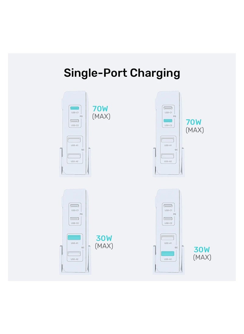 UNITEK - Unitek P1228AWH01-UK Slim Compact Charging Station 70W ( 4-in-1 Desktop GaN Charger (2*USB-C PD + 2*USB-A QC3.0), with 1.5M Power Cord. - Image 1