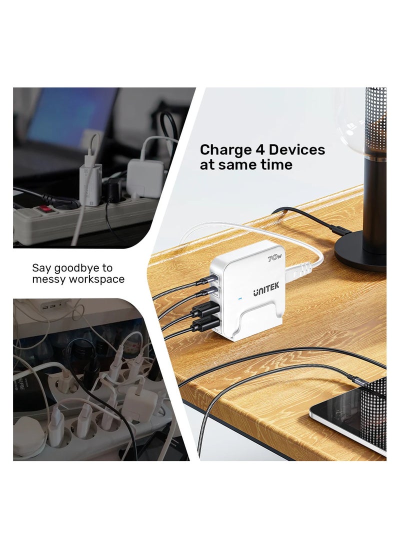 UNITEK Unitek P1228AWH01-UK Slim Compact Charging Station 70W ( 4-in-1 Desktop GaN Charger (2*USB-C PD + 2*USB-A QC3.0), with 1.5M Power Cord.  - Image 4