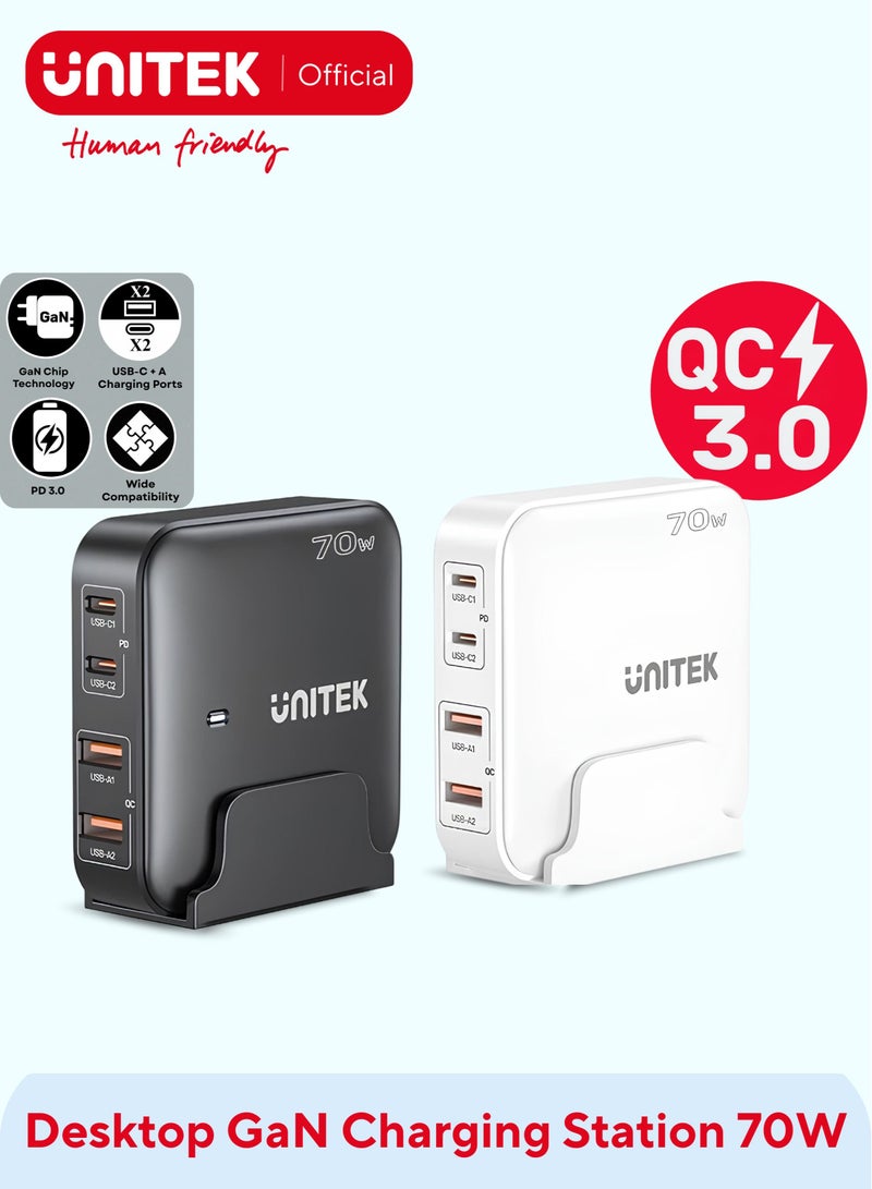UNITEK محطة شحن يونيتك P1228AWH01-UK السليمة المدمجة 70 واط (شاحن سطح مكتب 4 في 1 (2*USB-C PD + 2*USB-A QC3.0)، مع كابل طاقة بطول 1.5 متر. - Image 1