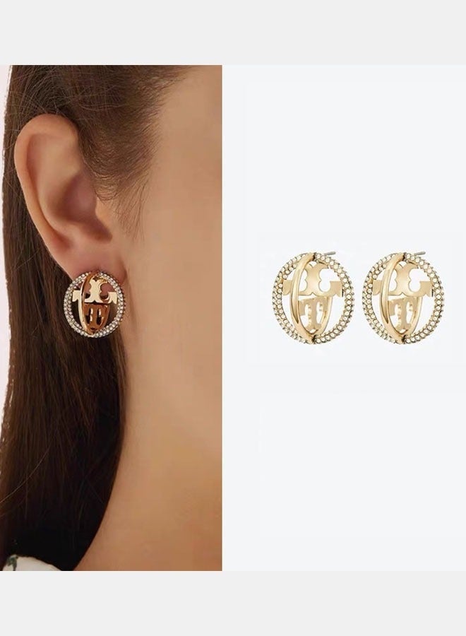 Burch Women's three-dimensional surround inlaid with rhinestone stud earrings double T classic logo exquisite, small and elegant - Image 2