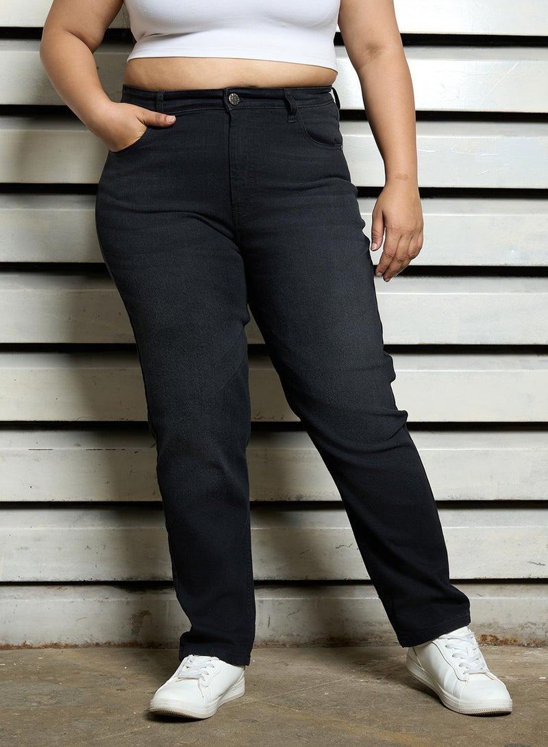 HIGH STAR Women's Black Cotton Blend Bleached Full Length Straight Fit Jeans  - Image 2