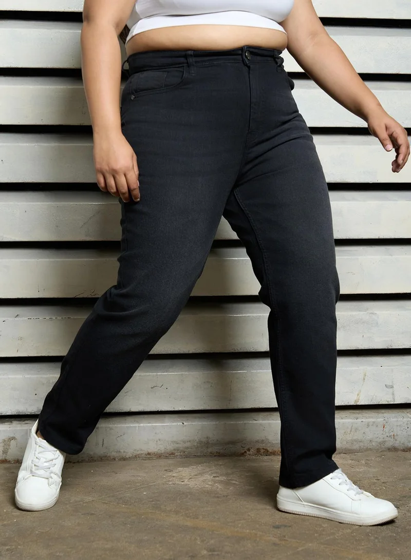 هاي ستار Women's Black Cotton Blend Bleached Full Length Straight Fit Jeans