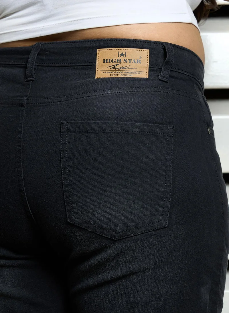 هاي ستار Women's Black Cotton Blend Bleached Full Length Straight Fit Jeans
