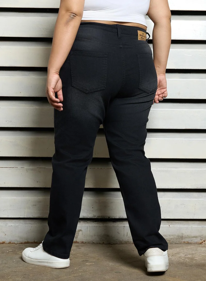 هاي ستار Women's Black Cotton Blend Bleached Full Length Straight Fit Jeans