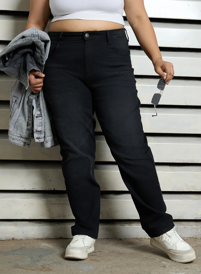 هاي ستار Women's Black Cotton Blend Bleached Full Length Straight Fit Jeans