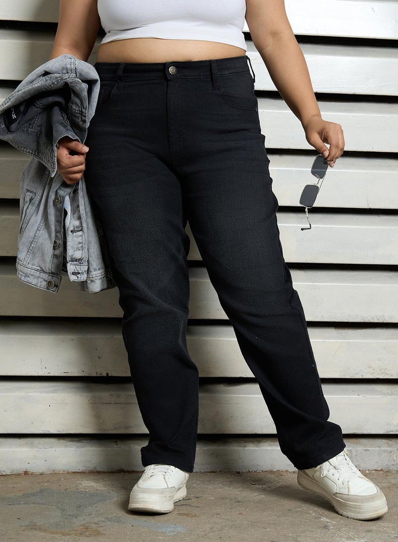 Women's Black Cotton Blend Bleached Full Length Straight Fit Jeans