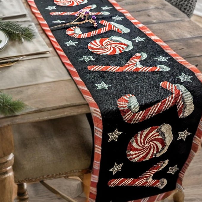 STARRY PEPPERMINT JOY TAPESTRY TABLE RUNNER FESTIVE BLACK RED CHRISTMAS HOLIDAY CANDY CANE SWEETS COTTON LINEN WOVEN KITCHEN DINING MATS 13 X 90 12904
