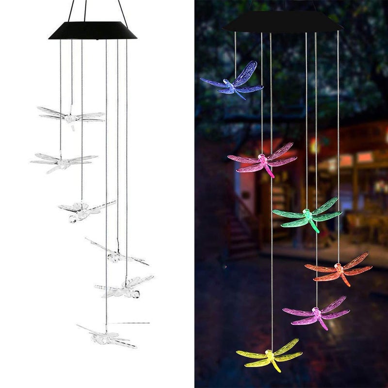 AVEKI AVEKI Solar Wind Chimes Outdoor ColorChanging Solar Mobile Wind Chime Waterproof Solar Powered LED Hanging Lamp for Outdoor Garden Festival Decoration Dragonfly