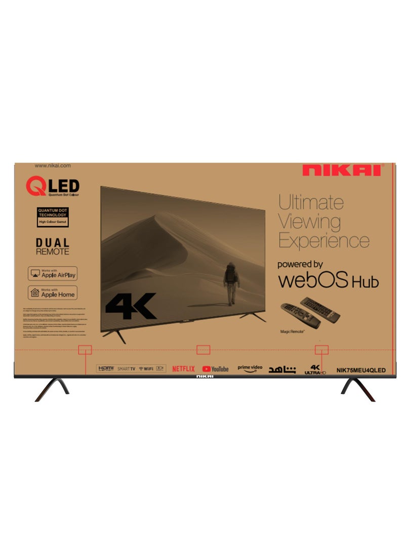 NIKAI 75 Inch QLED WebOS 4K Smart UHD TV, Hands-Free Voice Control, Dolby Digital, Built-in Wi-Fi, Bluetooth, High Colour Gamut, Effortless Connectivity With Android & Apple Devices, 60Hz, Model Year 2024, 2 Year Warranty - NIK75MEU4QLED Black - Image 1
