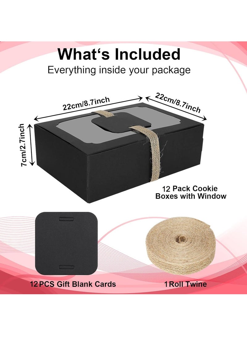 SYOSI - Cookie Boxes with Window, Black Brownie Cake Boxes with Cards, and Twine, Empty Sweet Bakery Boxes for Packaging Chocolate Strawberries, Donuts, Cookies, Muffins, Pastry and Pies (12 Pcs) - Image 1
