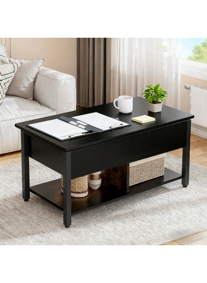 Coffee Table, Rustic Lift Top Coffee Table with Storage Shelf and Hidden Compartment, Wood Lift Tabletop for Home Living Room (Black, SJZ120) - Image 2