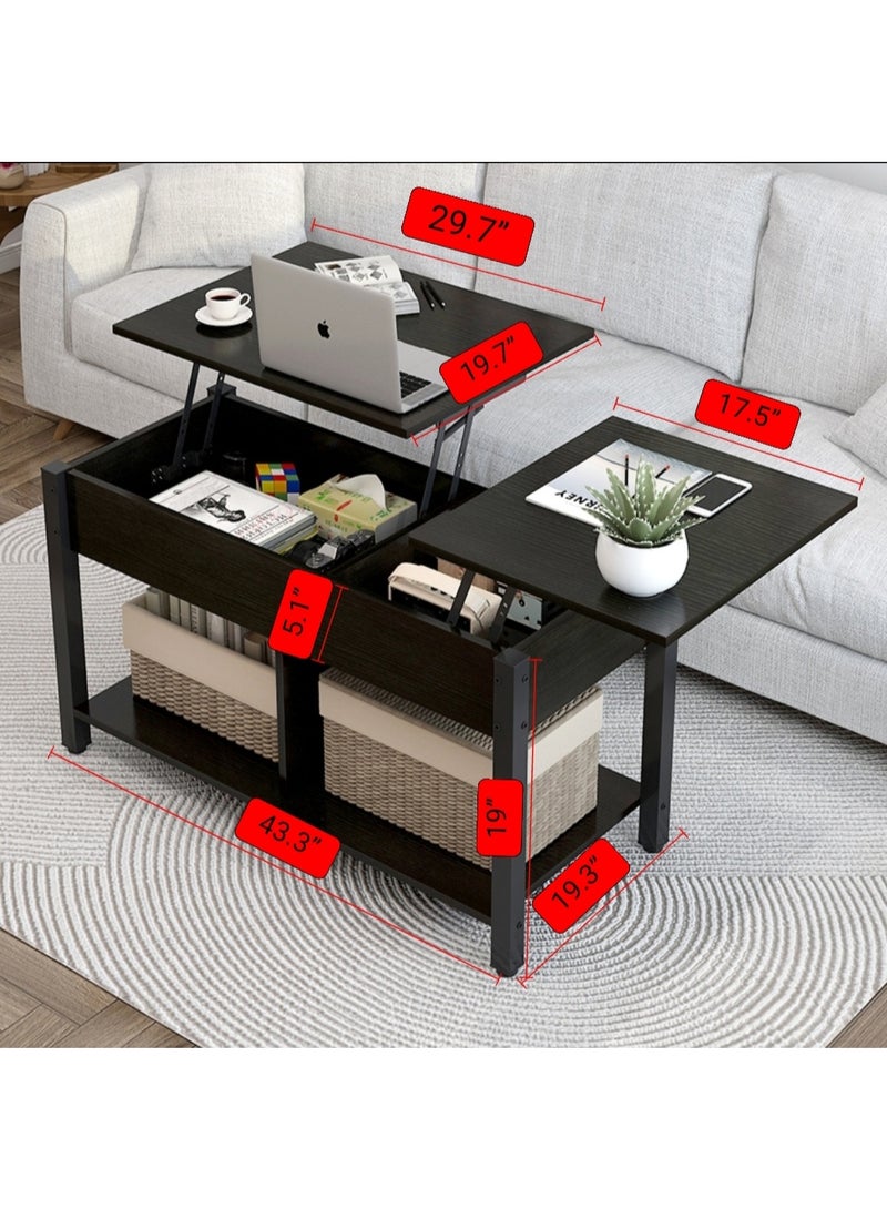 Coffee Table, Rustic Lift Top Coffee Table with Storage Shelf and Hidden Compartment, Wood Lift Tabletop for Home Living Room (Black, SJZ120) - Image 3