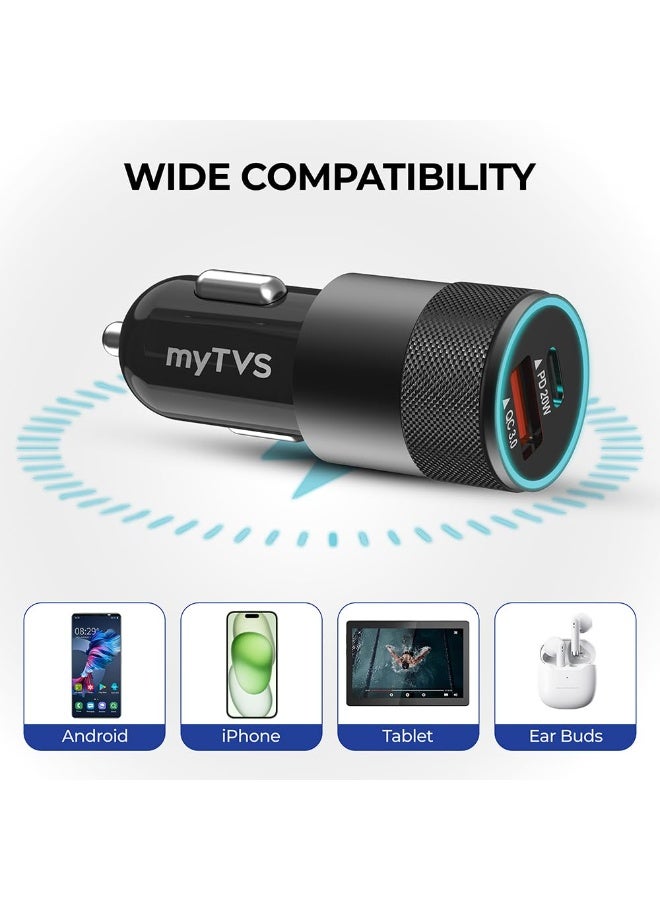 myTVS 38W Fast Car Charger with Dual Output (Type C PD 20W & USB Qualcomm 3.0) with 3-in-1 Charging Cable, Quick Charge, Short-Circuit Protection, LED, Compatible with iPhone, Android, Tablet - Image 3