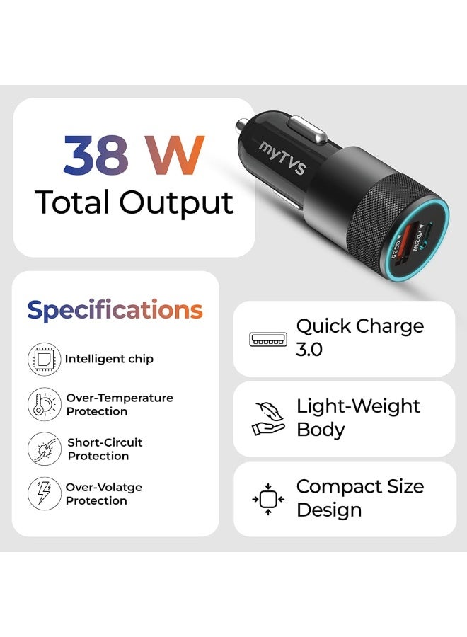 myTVS 38W Fast Car Charger with Dual Output (Type C PD 20W & USB Qualcomm 3.0) with 3-in-1 Charging Cable, Quick Charge, Short-Circuit Protection, LED, Compatible with iPhone, Android, Tablet - Image 5