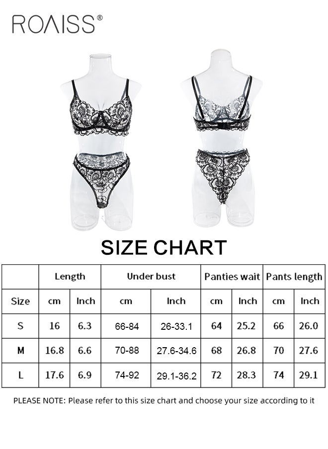 roaiss - 2 Pcs Floral Embroidery Lingerie Set for Women Charming Skin Friendly Mesh Yarn Underwire Lace Underwear Sets Ladies Comfy and Breathable Push up Bra and Thong Sets - Image 1