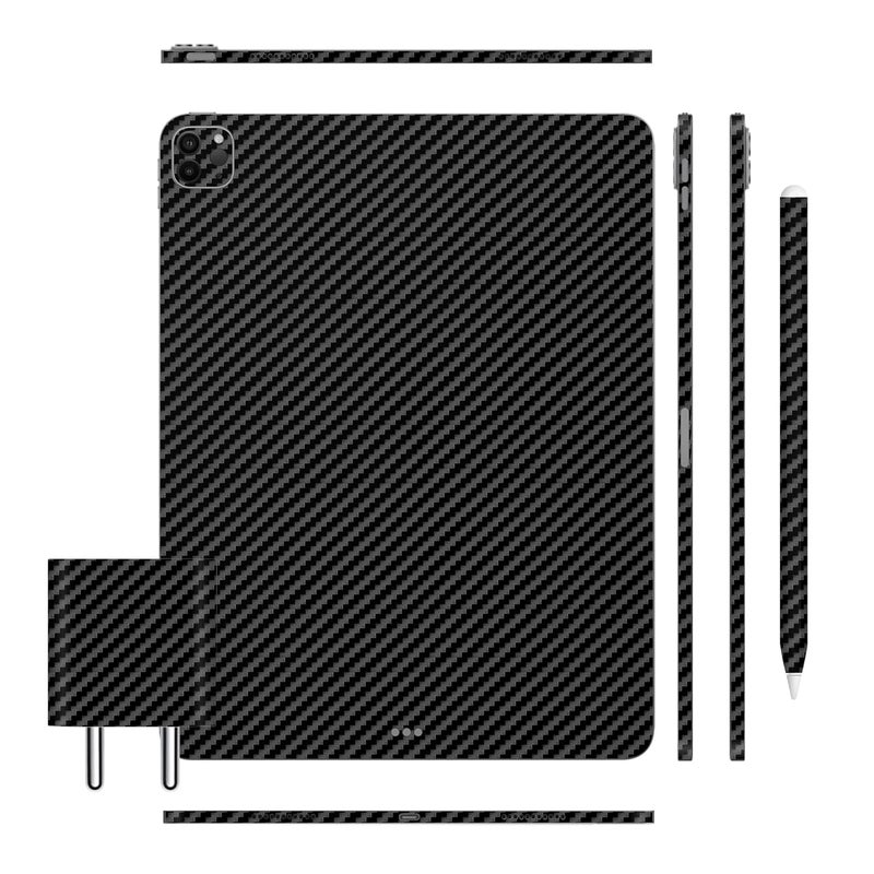 أغطية تابلت متوافقة مع آيباد برو 11 (M1 / M2)، ملصق فينيل مضاد للخدش، فيلم واقي، ليس غلاف/غطاء (ألياف كربونية سوداء، غلاف كامل للجسم + غلاف قلم آيباد 2 + غلاف شاحن)