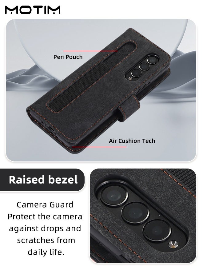 Samsung Galaxy Z Fold 4 Wallet Case with Card Holder, Flip Screen Protector Shockproof Cover Case with Pen Slot and Hand Strap, Protective Kickstand