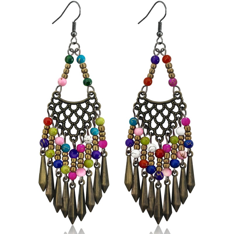 KVANU Handmade Vintage Bronze Bohemian Long Tassel Colorful Bead Dangle Drop Earrings Big Tribal Chandelier Geometry Hook Earrings for Women Statement Jewelry Gifts (Color) - Image 1