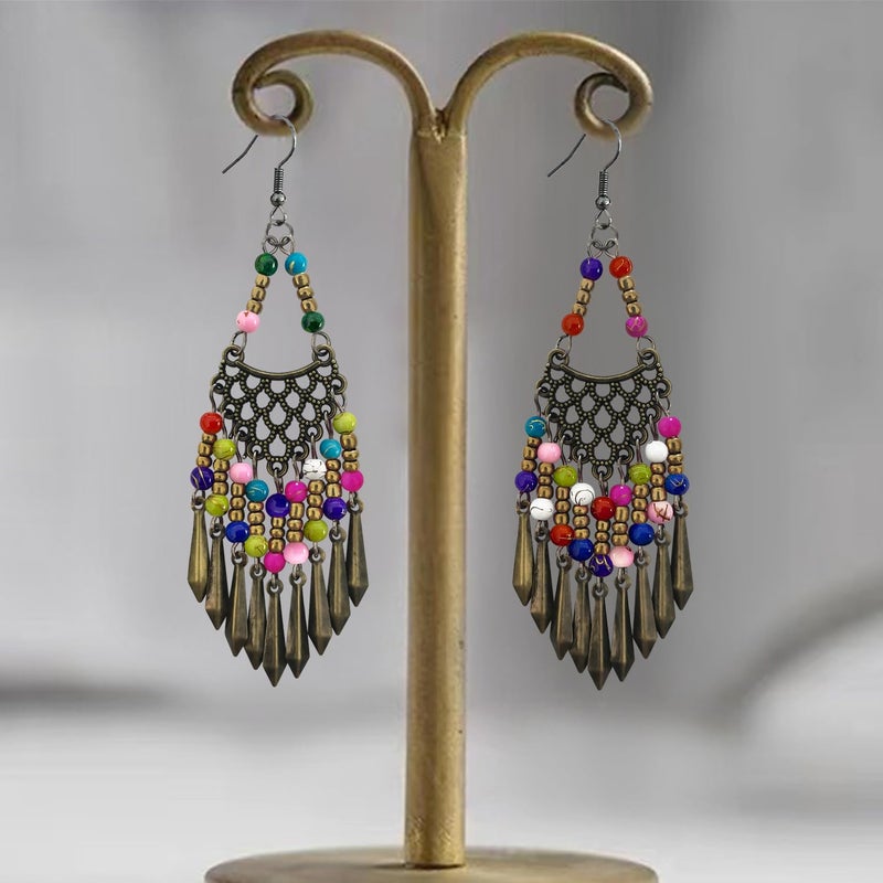 KVANU Handmade Vintage Bronze Bohemian Long Tassel Colorful Bead Dangle Drop Earrings Big Tribal Chandelier Geometry Hook Earrings for Women Statement Jewelry Gifts (Color) - Image 3