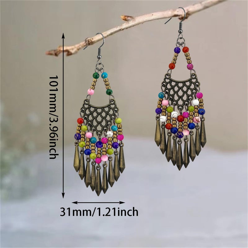 KVANU Handmade Vintage Bronze Bohemian Long Tassel Colorful Bead Dangle Drop Earrings Big Tribal Chandelier Geometry Hook Earrings for Women Statement Jewelry Gifts (Color) - Image 2