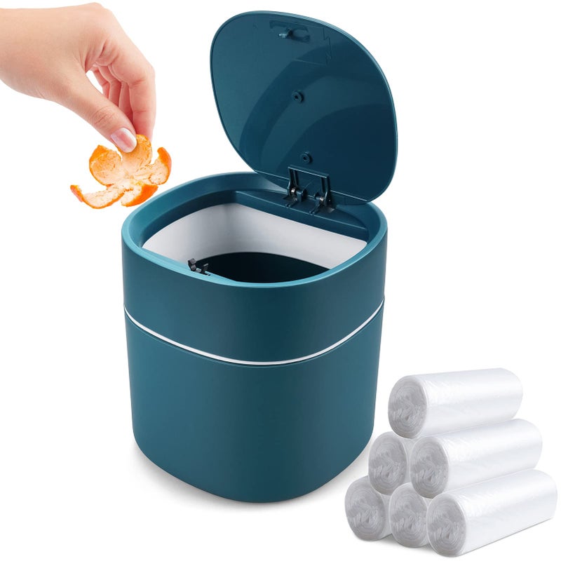 Business King سلة مهملات مكتبية صغيرة مع غطاء مع أكياس قمامة 180 قطعة ضغط علوي 0.5 جالون سلة نفايات صغيرة للكونتر توب سلة قمامة مغطاة بلاستيك للمكتب (أزرق) - Image 1