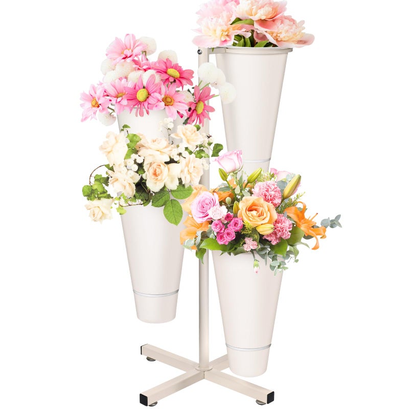 JolliKids Flower Display Stand with Buckets, Metal Flower Bar Stand Rustic Farmhouse Florist Bouquet Holder Flower Cart Display Shelf for Outdoor Patio Garden Wedding Decor (Round) - Image 1