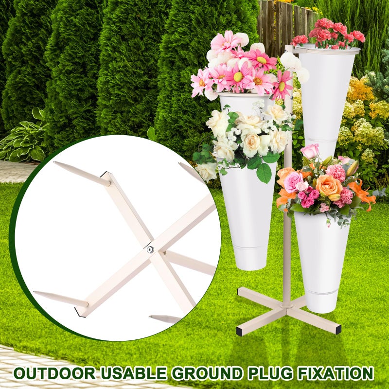 JolliKids Flower Display Stand with Buckets, Metal Flower Bar Stand Rustic Farmhouse Florist Bouquet Holder Flower Cart Display Shelf for Outdoor Patio Garden Wedding Decor (Round) - Image 4