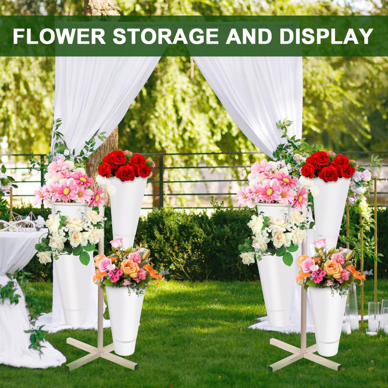 JolliKids Flower Display Stand with Buckets, Metal Flower Bar Stand Rustic Farmhouse Florist Bouquet Holder Flower Cart Display Shelf for Outdoor Patio Garden Wedding Decor (Round) - Image 5