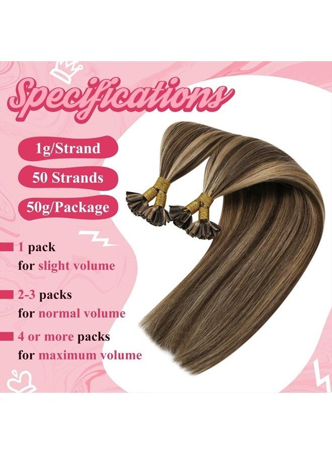 Sunny Hair - Sunny U Tip Hair Extensions Human Hair Highlight U Tip Keratin Hair Extensions Dark Brown Highlight Caramel Blonde Utip Real Hair Extensions Brown Highlight Tips Fusion Hair Extensions Long 50g 24in - Image 1