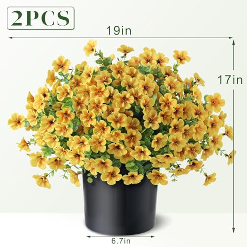 VIERENA 2 Set of Artificial Morning Glory & Eucalyptus Topiary Trees - Faux Silk Flower Potted Plants, UV-Resistant Fake Outdoor Morning Glory Bushes for Front Door, Yard, Farmhouse, Garden Decor (Yellow) - Image 5