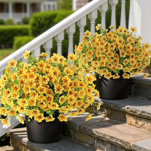 VIERENA 2 Set of Artificial Morning Glory & Eucalyptus Topiary Trees - Faux Silk Flower Potted Plants, UV-Resistant Fake Outdoor Morning Glory Bushes for Front Door, Yard, Farmhouse, Garden Decor (Yellow) - Image 1