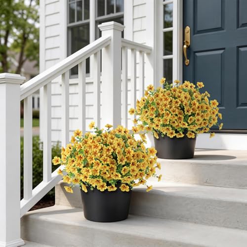 VIERENA 2 Set of Artificial Morning Glory & Eucalyptus Topiary Trees - Faux Silk Flower Potted Plants, UV-Resistant Fake Outdoor Morning Glory Bushes for Front Door, Yard, Farmhouse, Garden Decor (Yellow) - Image 2