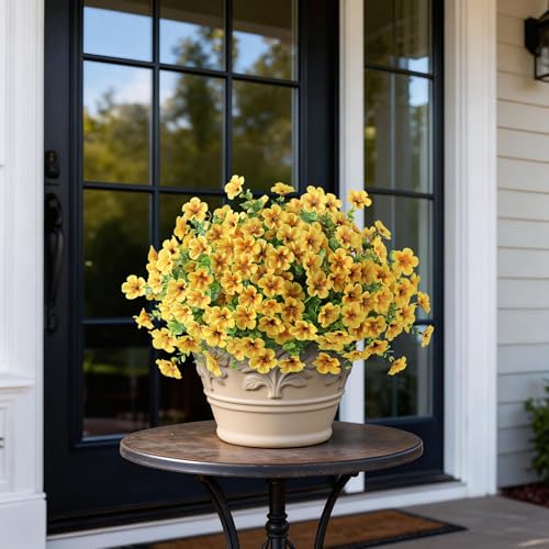 VIERENA 2 Set of Artificial Morning Glory & Eucalyptus Topiary Trees - Faux Silk Flower Potted Plants, UV-Resistant Fake Outdoor Morning Glory Bushes for Front Door, Yard, Farmhouse, Garden Decor (Yellow) - Image 3