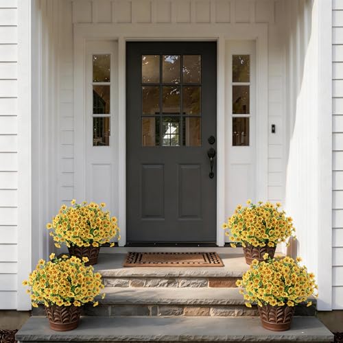 VIERENA 2 Set of Artificial Morning Glory & Eucalyptus Topiary Trees - Faux Silk Flower Potted Plants, UV-Resistant Fake Outdoor Morning Glory Bushes for Front Door, Yard, Farmhouse, Garden Decor (Yellow) - Image 4