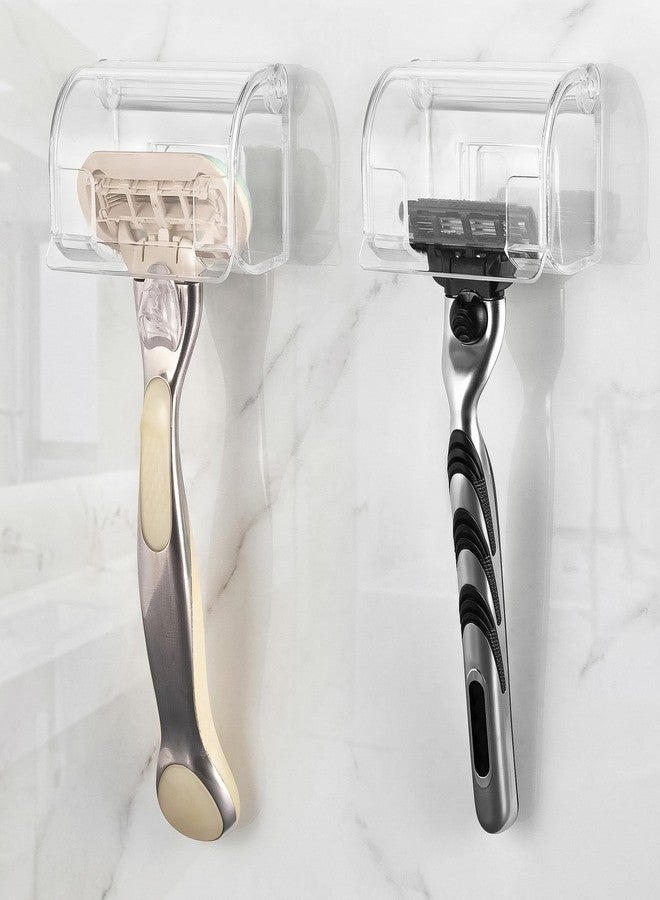 LUEXBOX 2 Pack Razor Holder with Cover for Shower Wall, Self Adhesive Razor Stand Shaver Organizer, Plastic Razor Hanger Hooks Compatible with Fusion 5 Proglide, Mach 3 Classic (Clear) - Image 1